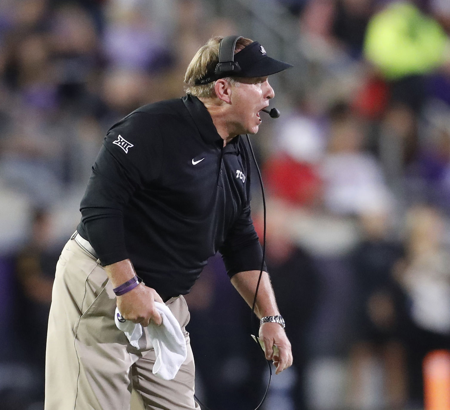 On October 11, 2018, TCU head coach Gary Patterson shouts in directions in the first half against Texas Tech at Amon Carter Stadium in Fort Worth, Texas. The Horned Frogs struggled on Saturday, Oct. 20, 2018, in a 52-27 home loss against Oklahoma.